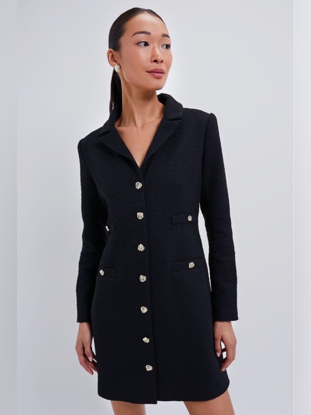 Tuckernuck Pomander Place Ethereal Noir Tweed Stacie Black Dress Gold Buttons M